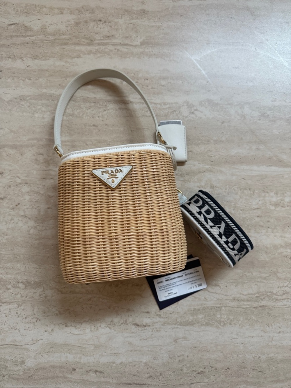 Prada Natural Woven Mini Bag with White Trim
